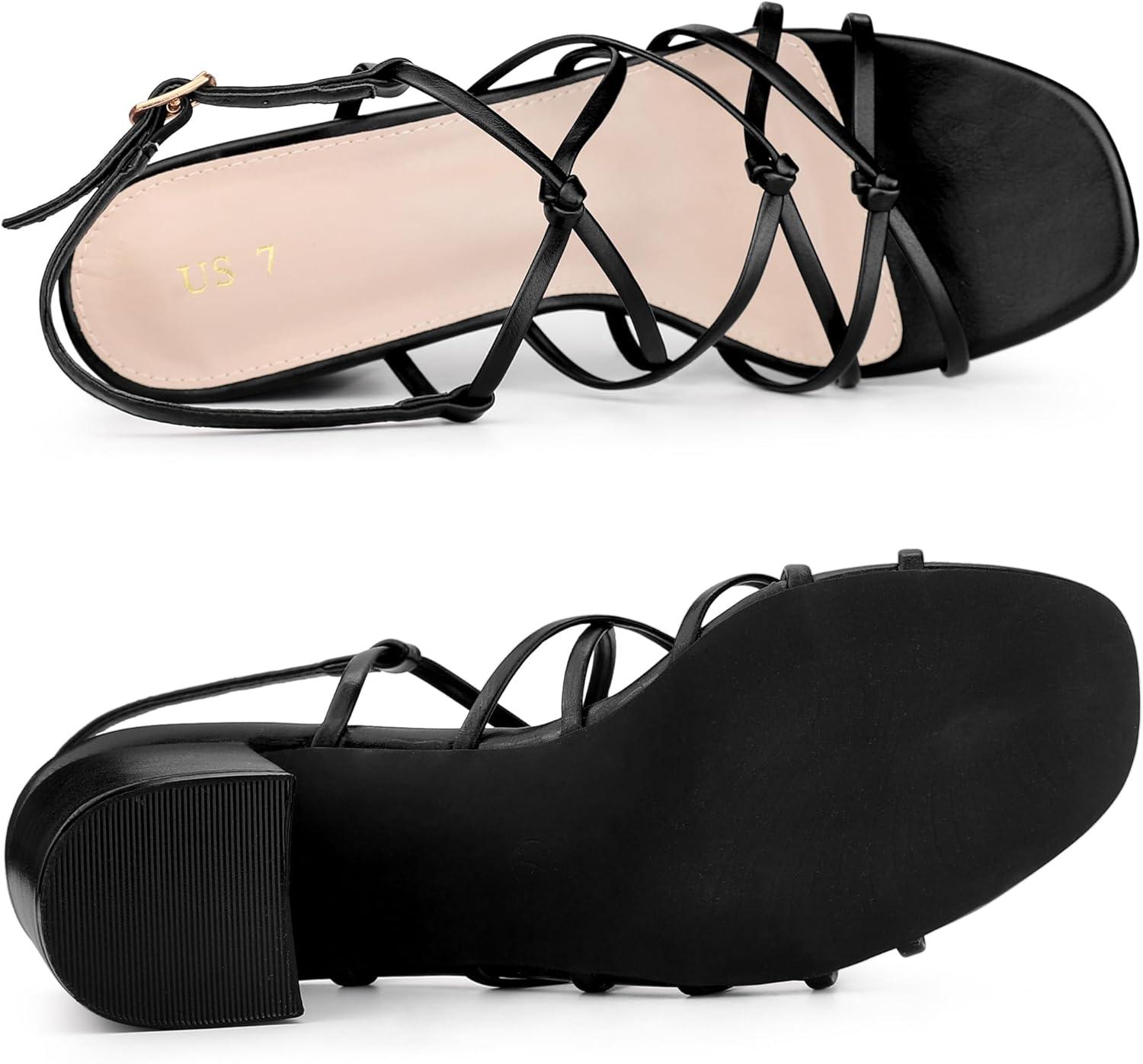 imageAllegra K Womens Square Toe Knots Ankle Strap Chunky Heels SandalsBlack