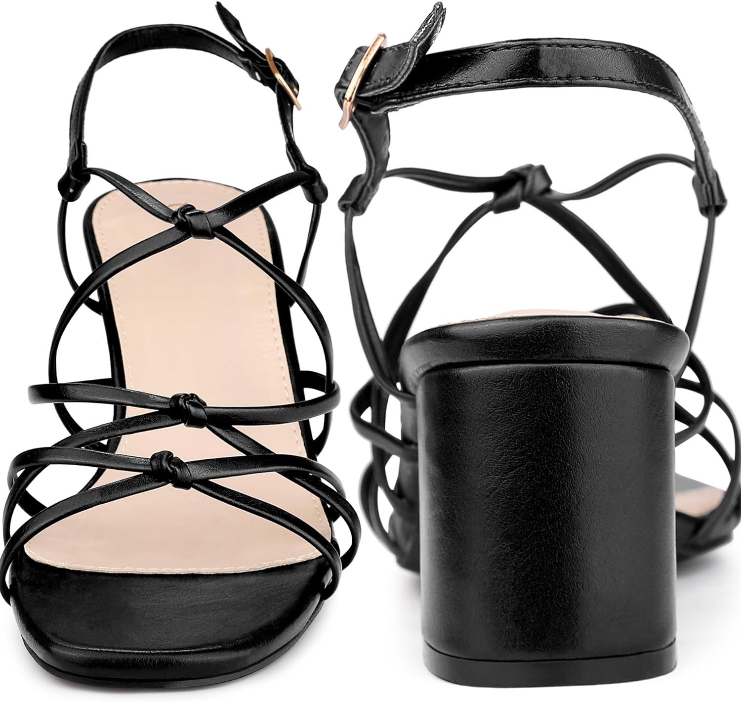 imageAllegra K Womens Square Toe Knots Ankle Strap Chunky Heels SandalsBlack