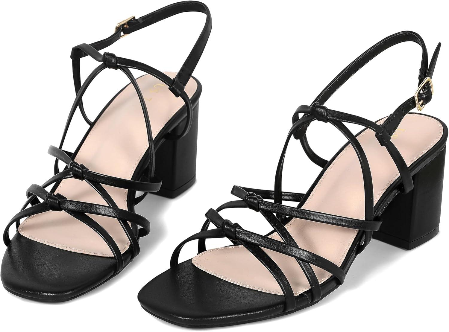 imageAllegra K Womens Square Toe Knots Ankle Strap Chunky Heels SandalsBlack