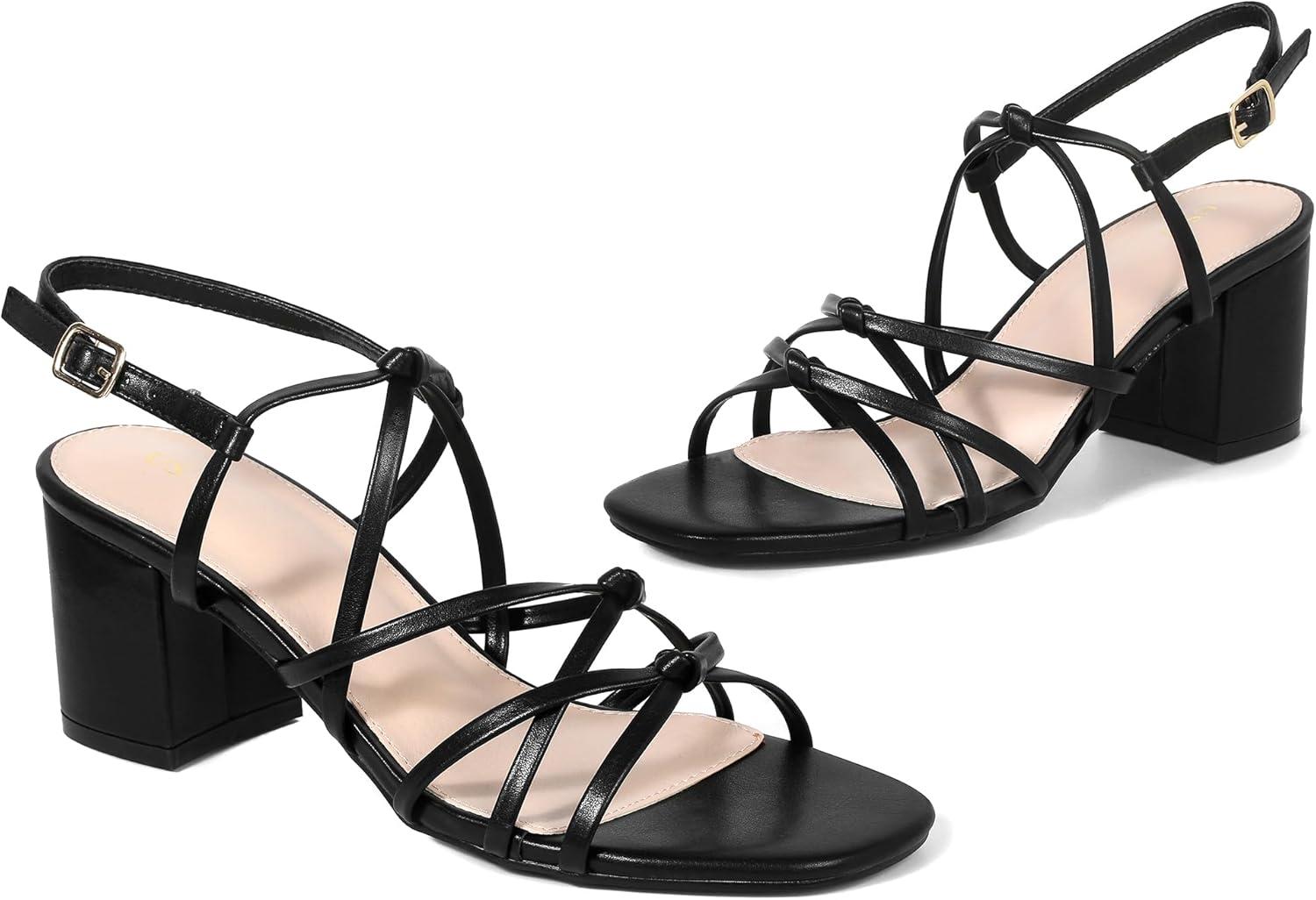 imageAllegra K Womens Square Toe Knots Ankle Strap Chunky Heels SandalsBlack