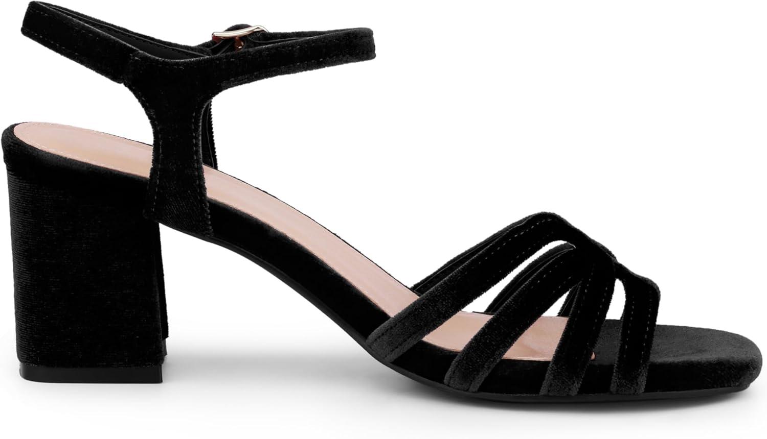 imageAllegra K Womens Square Toe Slingback Chunky Heels Velvet SandalsBlack