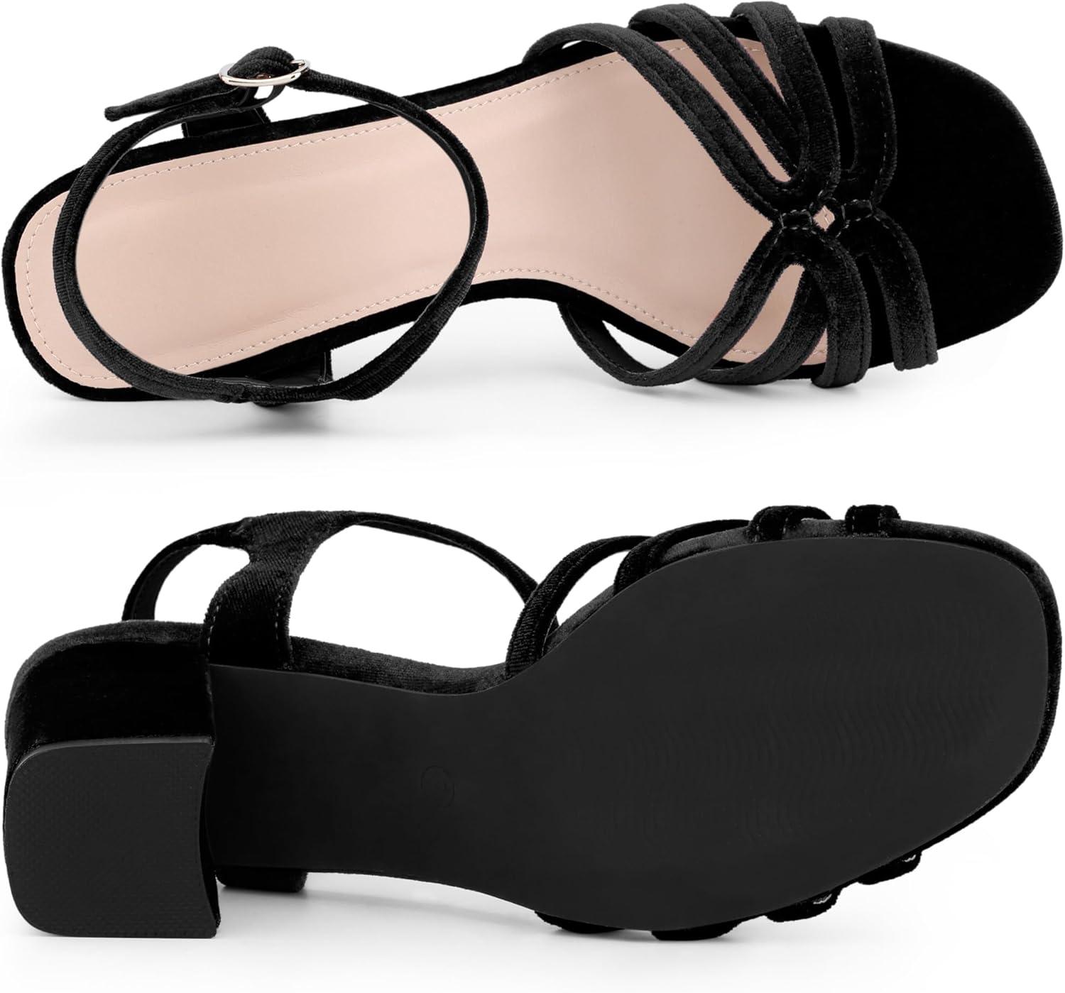 imageAllegra K Womens Square Toe Slingback Chunky Heels Velvet SandalsBlack