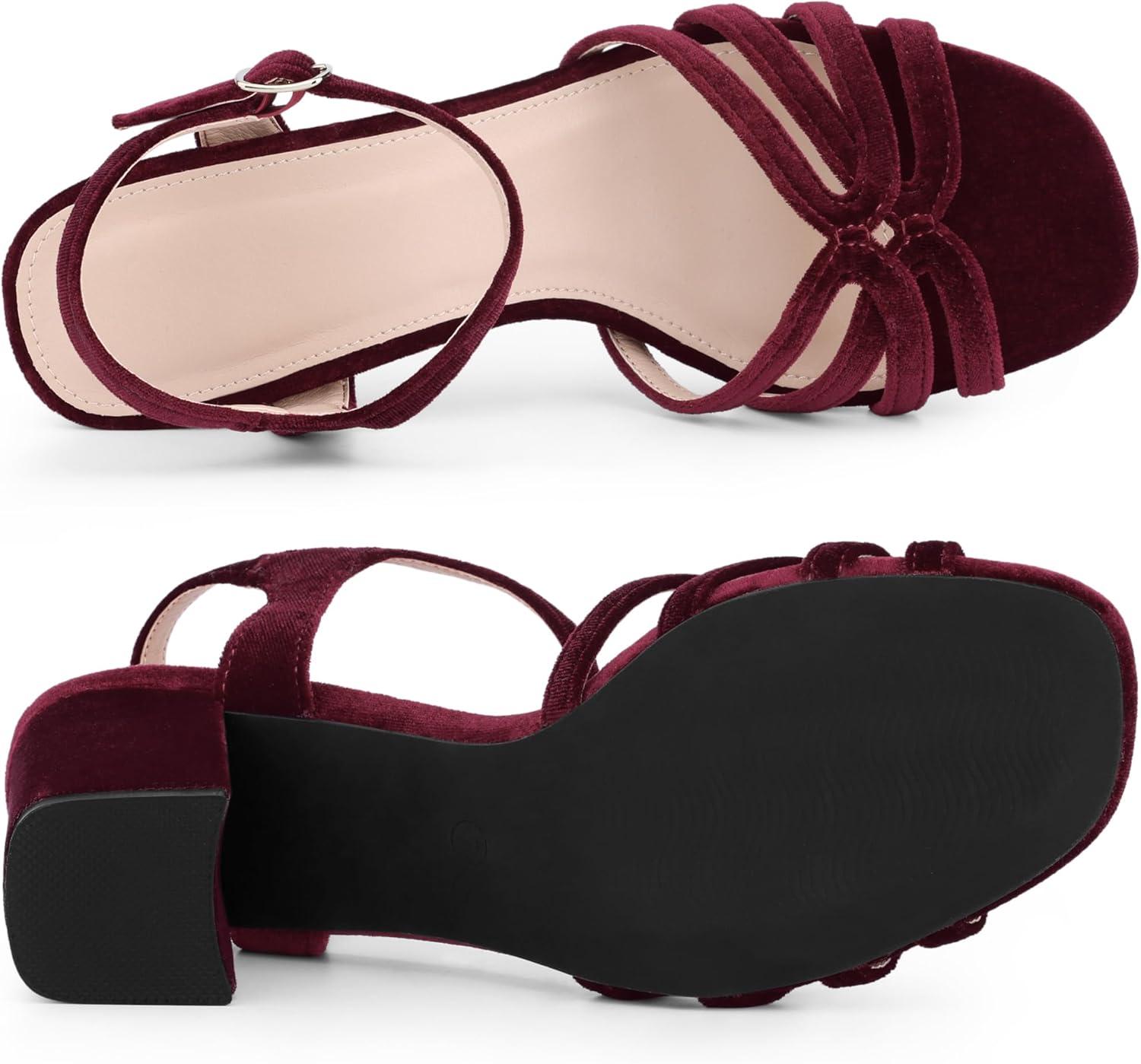 imageAllegra K Womens Square Toe Slingback Chunky Heels Velvet SandalsBurgundy