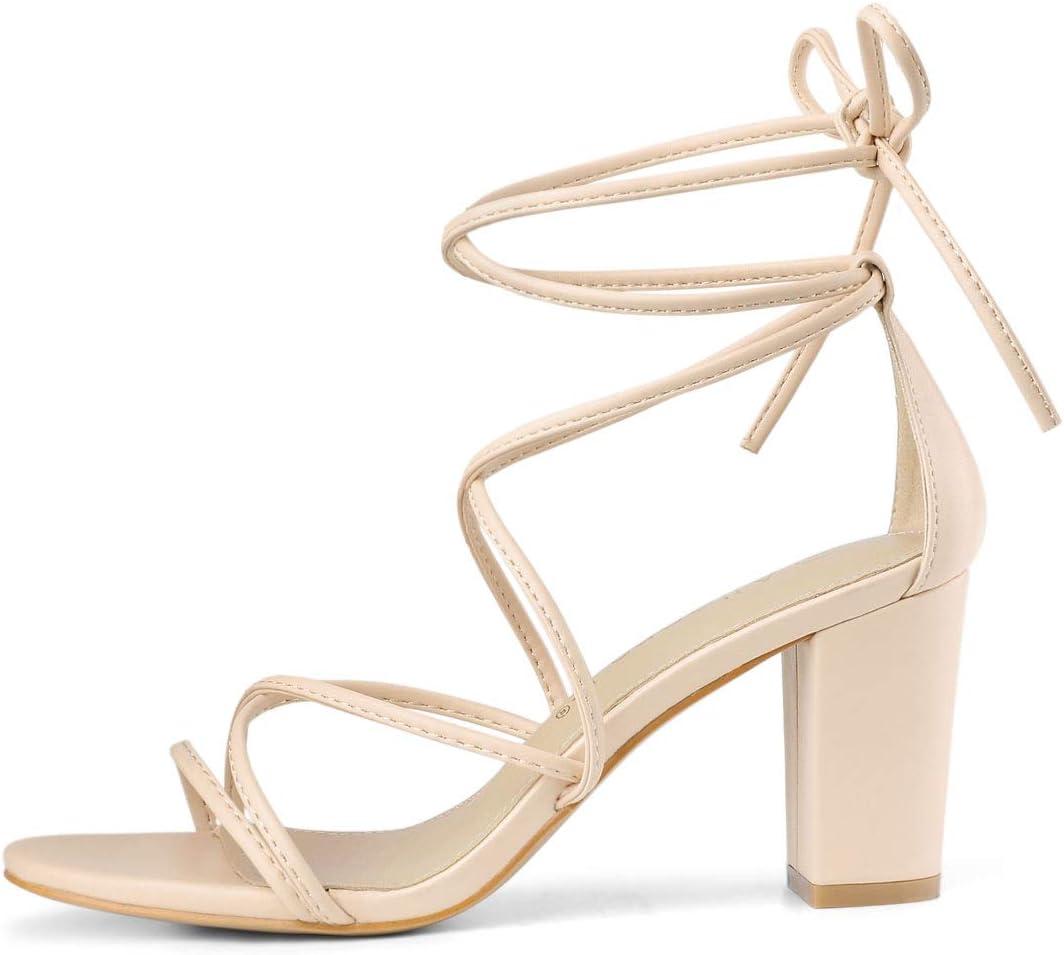 imageAllegra K Womens Strappy Lace Up Chunky Heeled SandalsBeige