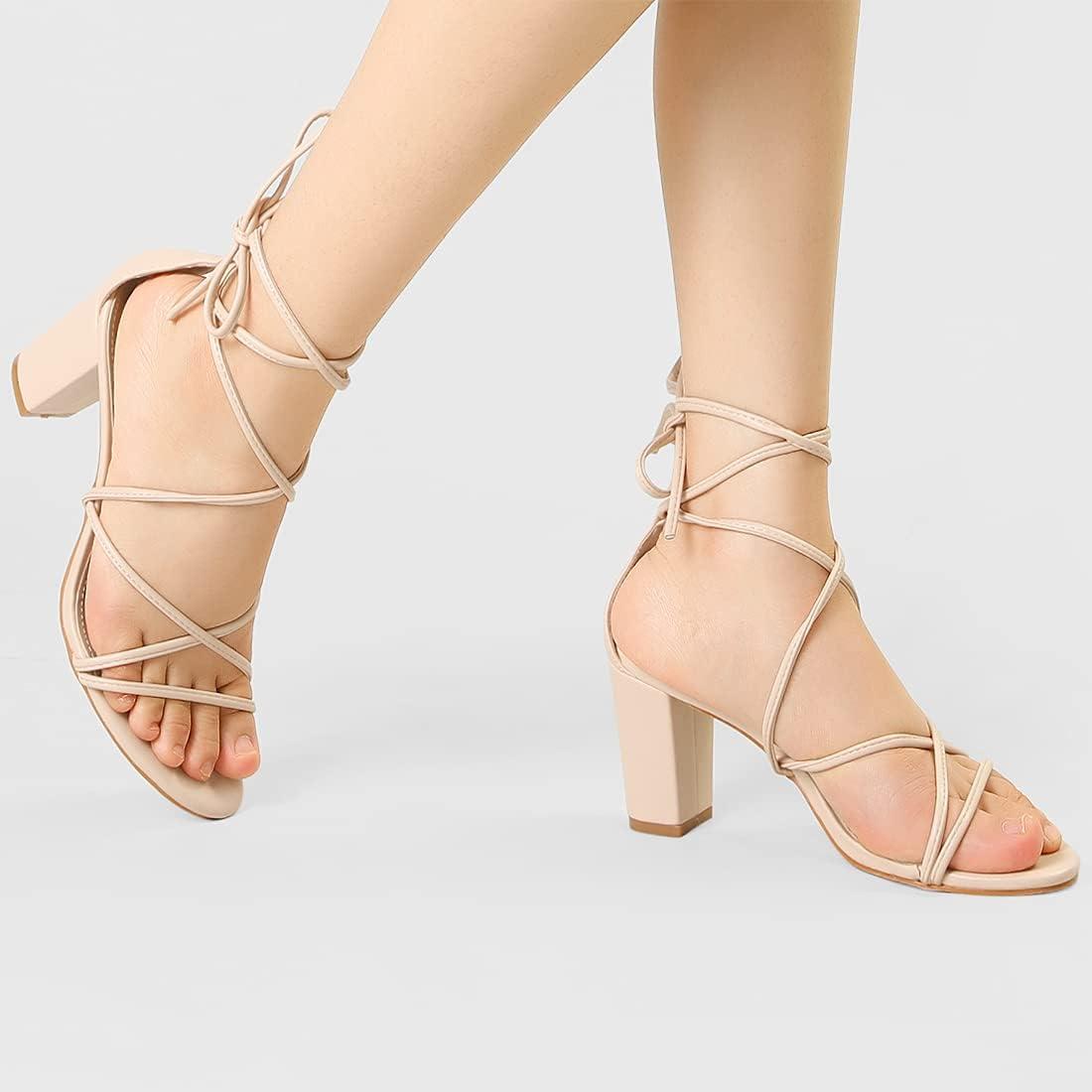 imageAllegra K Womens Strappy Lace Up Chunky Heeled SandalsBeige