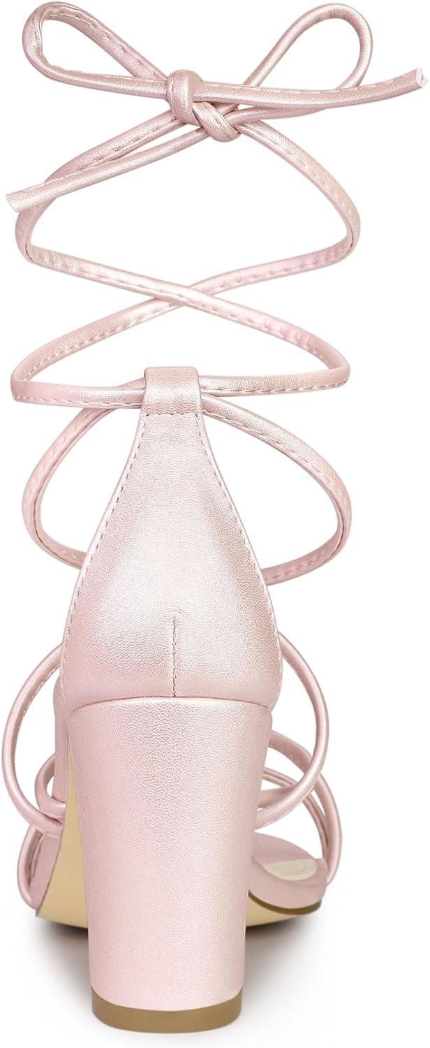 imageAllegra K Womens Strappy Lace Up Chunky Heeled SandalsBling Pink