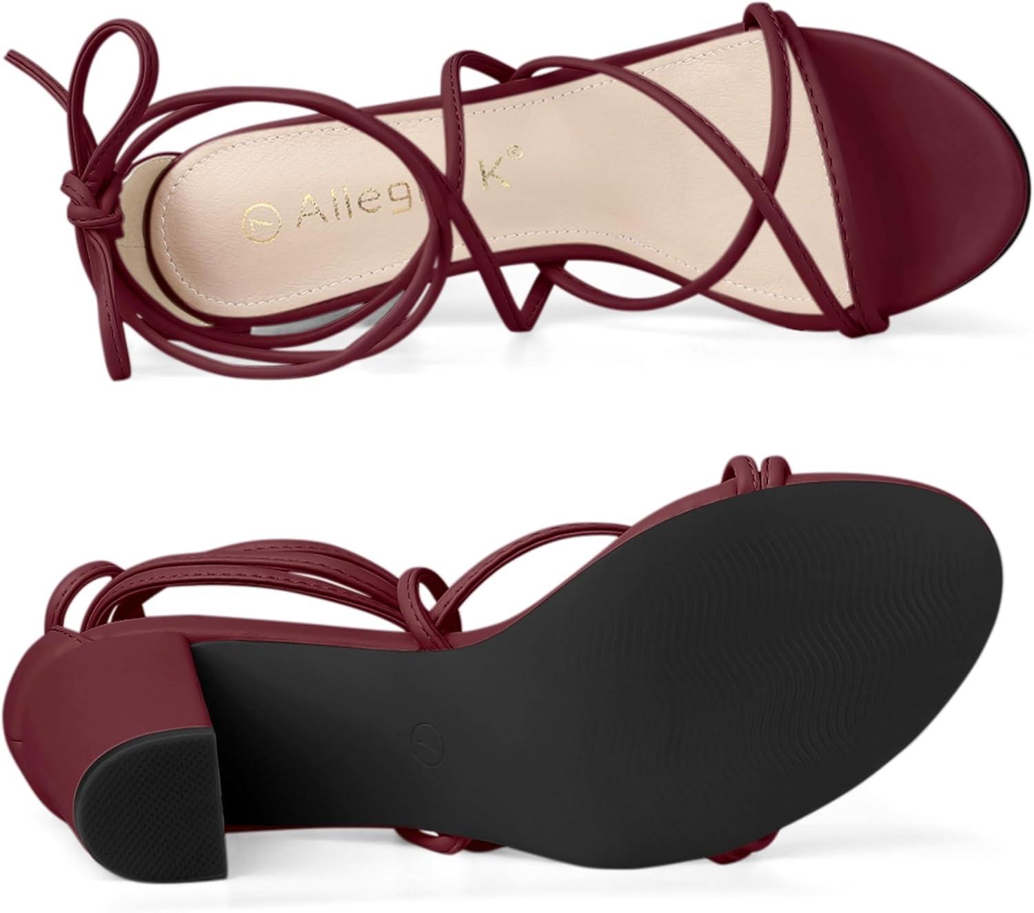 imageAllegra K Womens Strappy Lace Up Chunky Heeled SandalsBurgundy