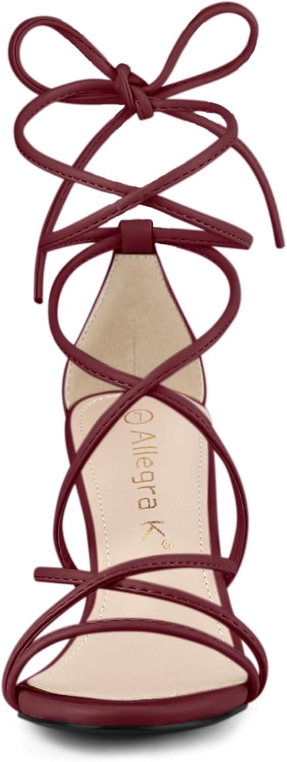 imageAllegra K Womens Strappy Lace Up Chunky Heeled SandalsBurgundy