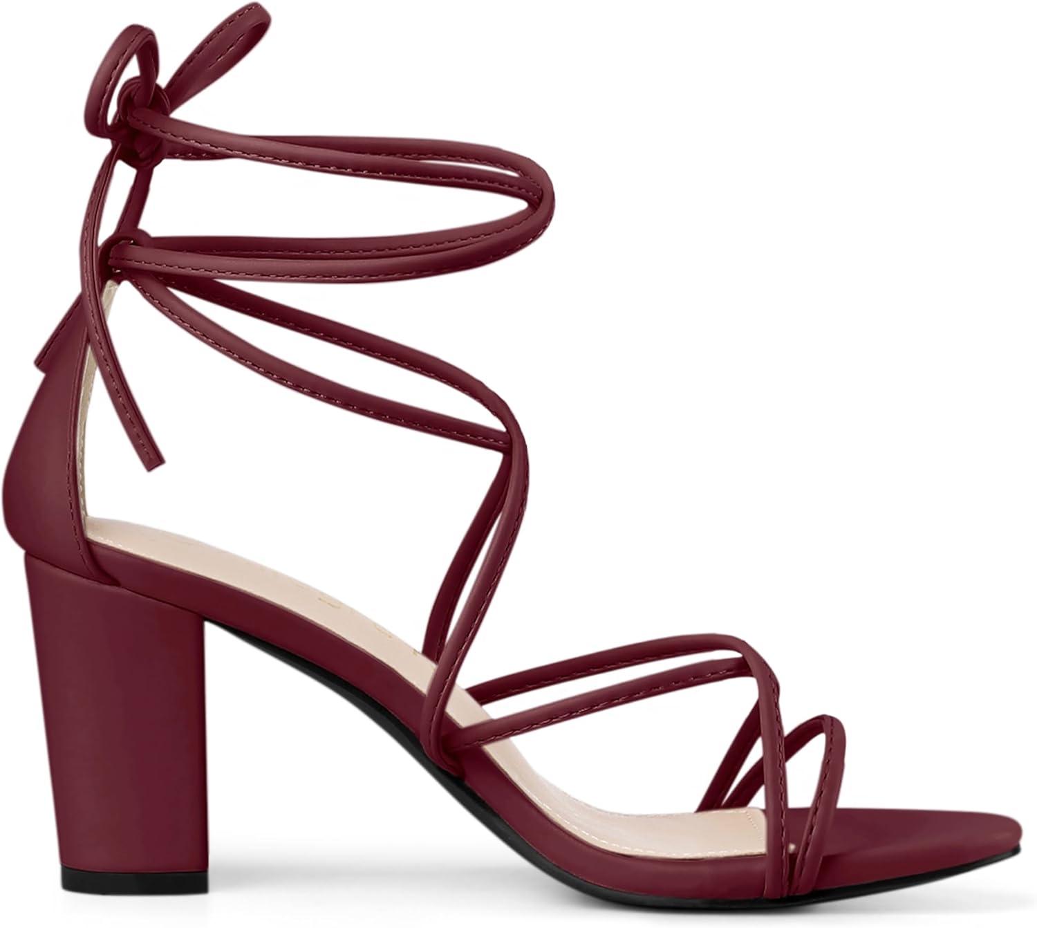 imageAllegra K Womens Strappy Lace Up Chunky Heeled SandalsBurgundy