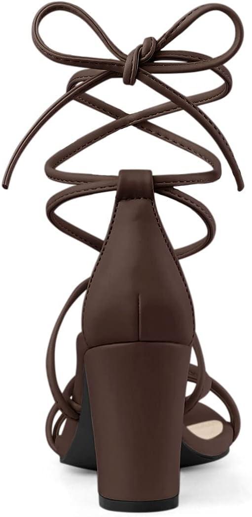 imageAllegra K Womens Strappy Lace Up Chunky Heeled SandalsCoffee