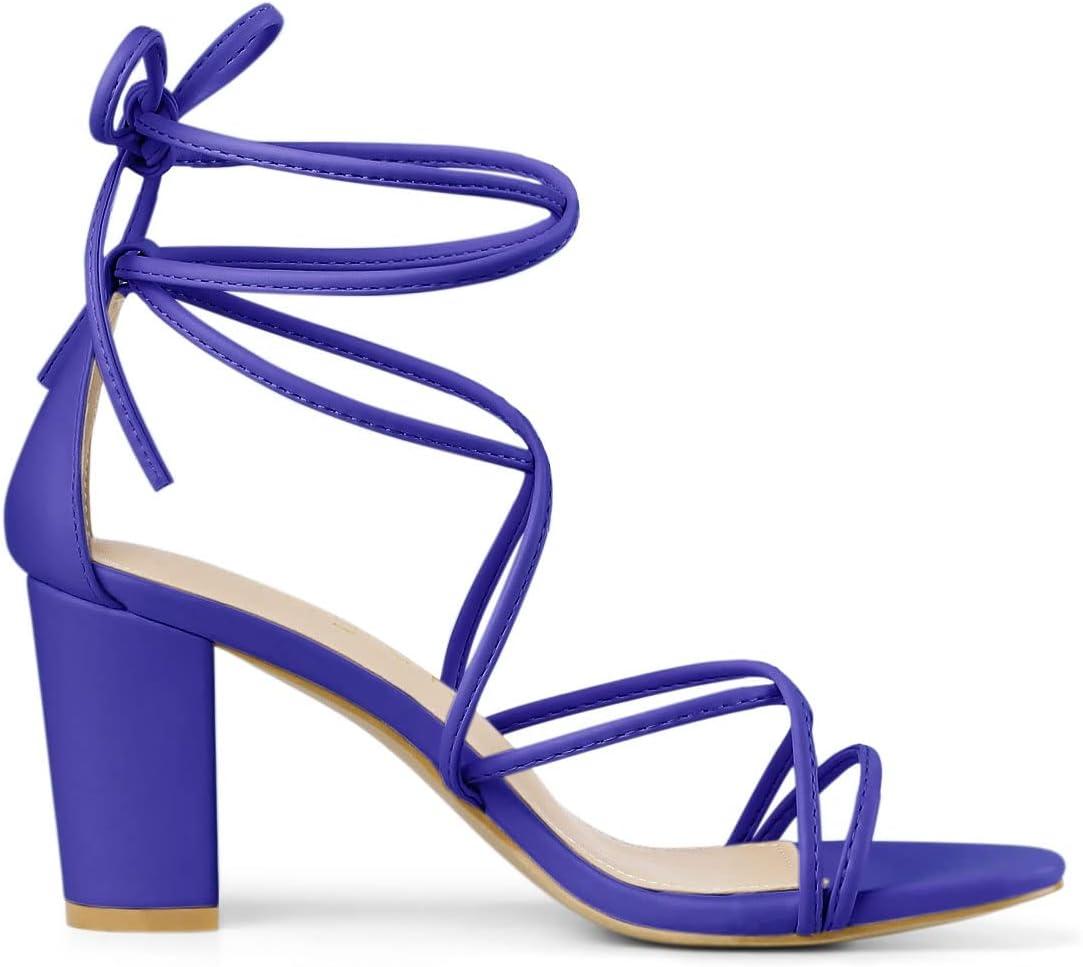 imageAllegra K Womens Strappy Lace Up Chunky Heeled SandalsDark Blue