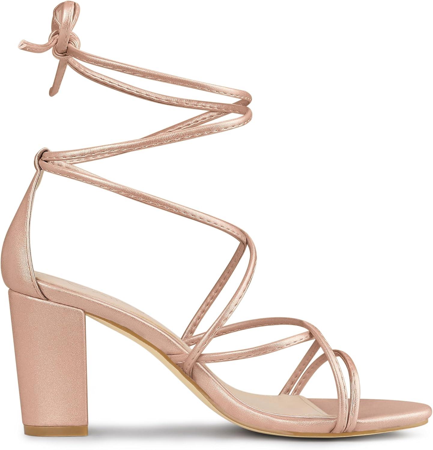 imageAllegra K Womens Strappy Lace Up Chunky Heeled SandalsRose Gold