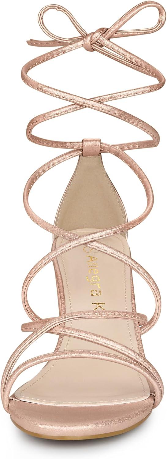 imageAllegra K Womens Strappy Lace Up Chunky Heeled SandalsRose Gold