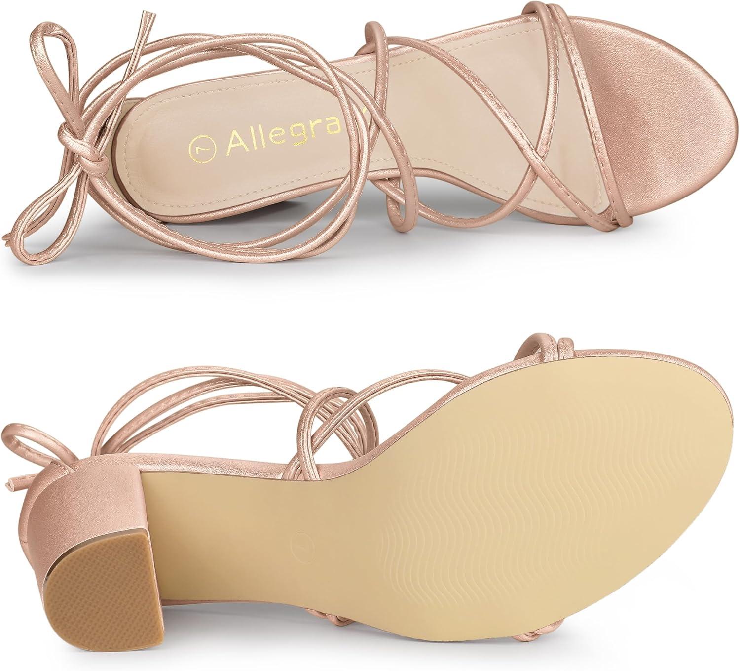 imageAllegra K Womens Strappy Lace Up Chunky Heeled SandalsRose Gold