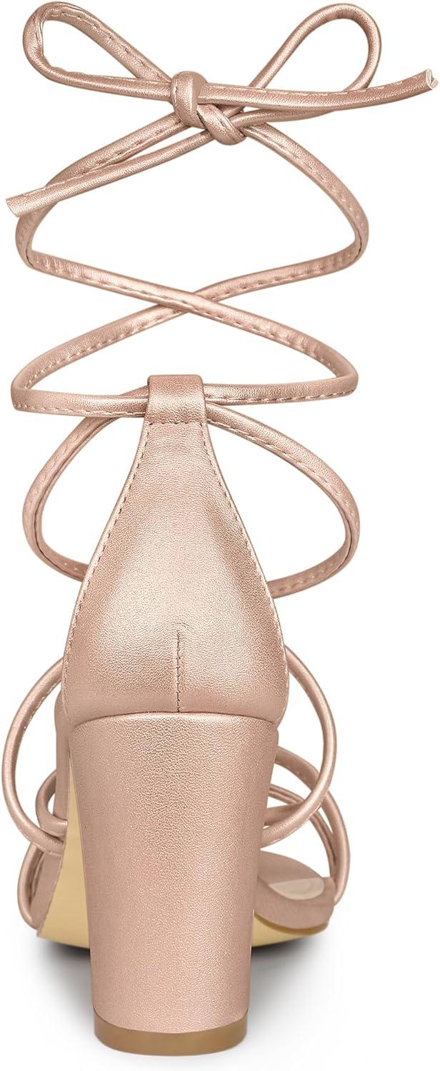imageAllegra K Womens Strappy Lace Up Chunky Heeled SandalsRose Gold