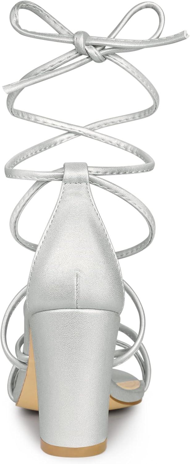 imageAllegra K Womens Strappy Lace Up Chunky Heeled SandalsSilver