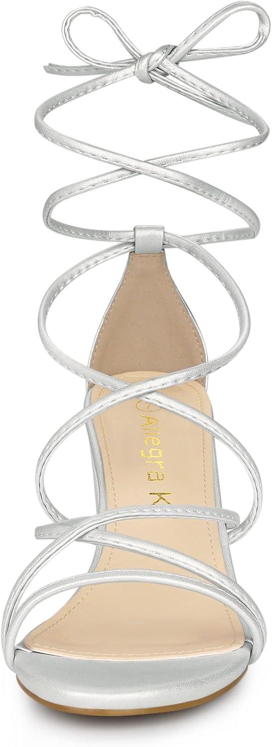 imageAllegra K Womens Strappy Lace Up Chunky Heeled SandalsSilver