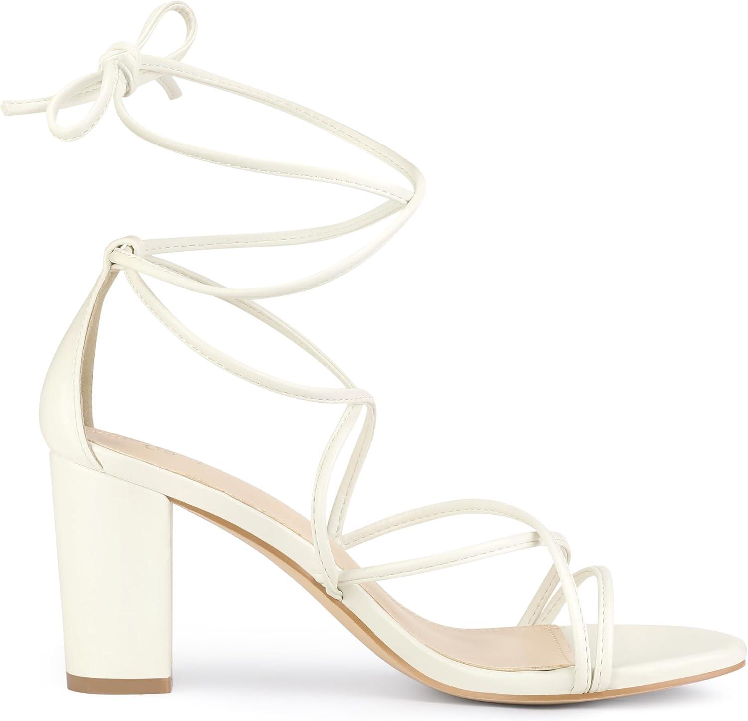 imageAllegra K Womens Strappy Lace Up Chunky Heeled SandalsWhite
