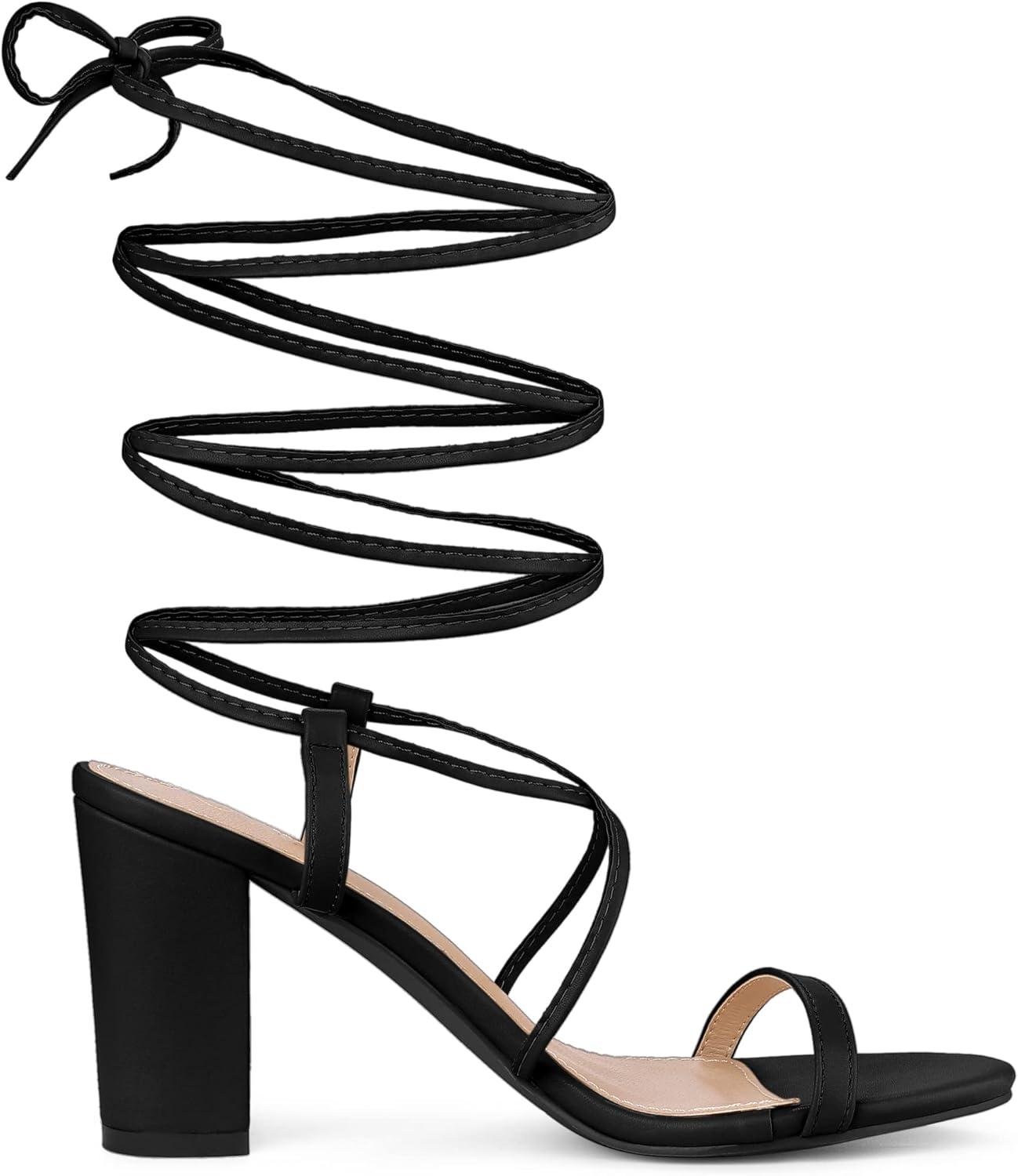 imageAllegra K Womens Strappy One Strap Lace Up Chunky Heels SandalsBlack
