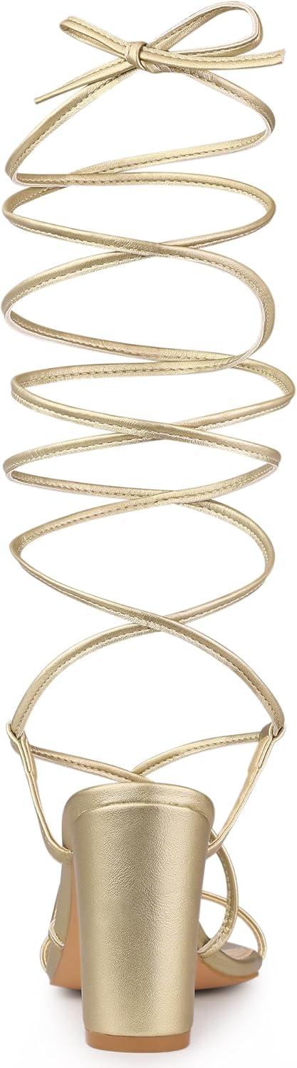 imageAllegra K Womens Strappy One Strap Lace Up Chunky Heels SandalsGold