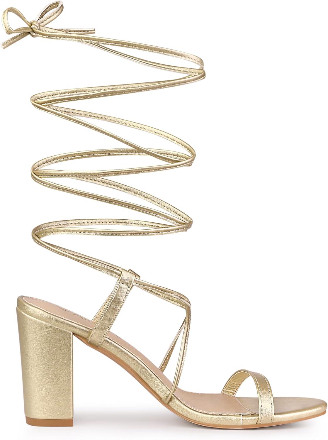 imageAllegra K Womens Strappy One Strap Lace Up Chunky Heels SandalsGold