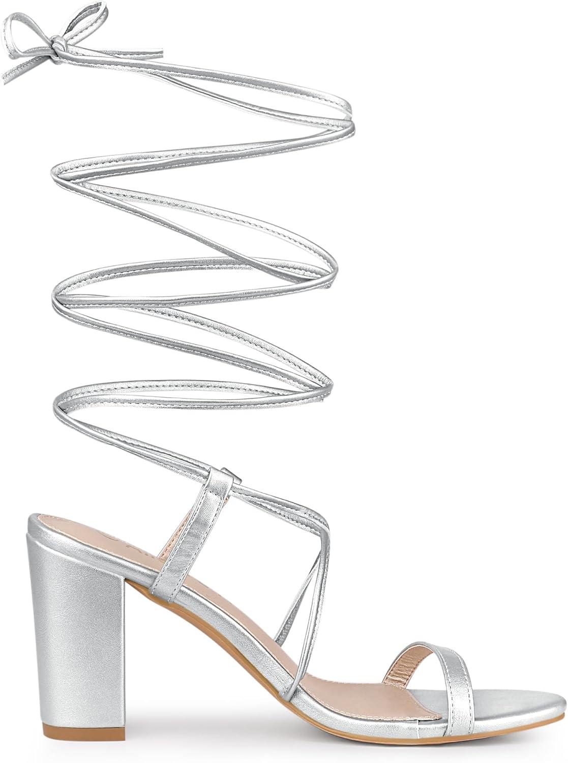 imageAllegra K Womens Strappy One Strap Lace Up Chunky Heels SandalsSilver