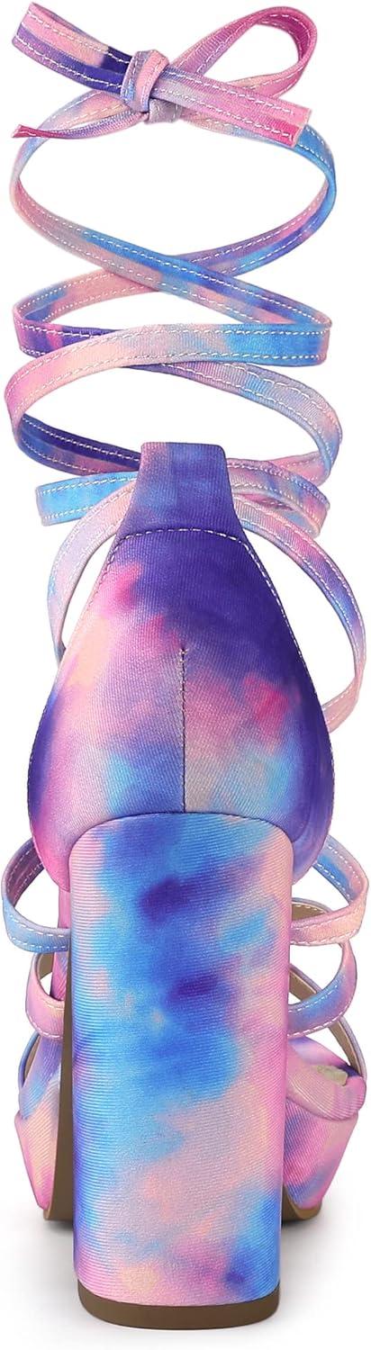 imageAllegra K Womens Tie Dye Platform Chunky Heel Lace Up SandalsBlue Pink