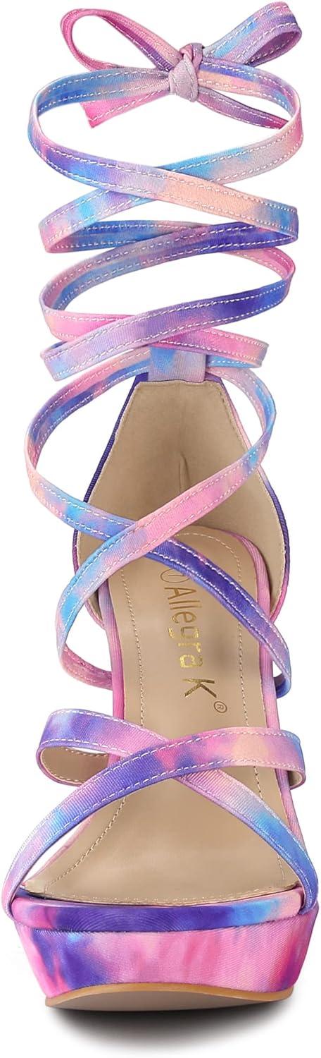 imageAllegra K Womens Tie Dye Platform Chunky Heel Lace Up SandalsBlue Pink