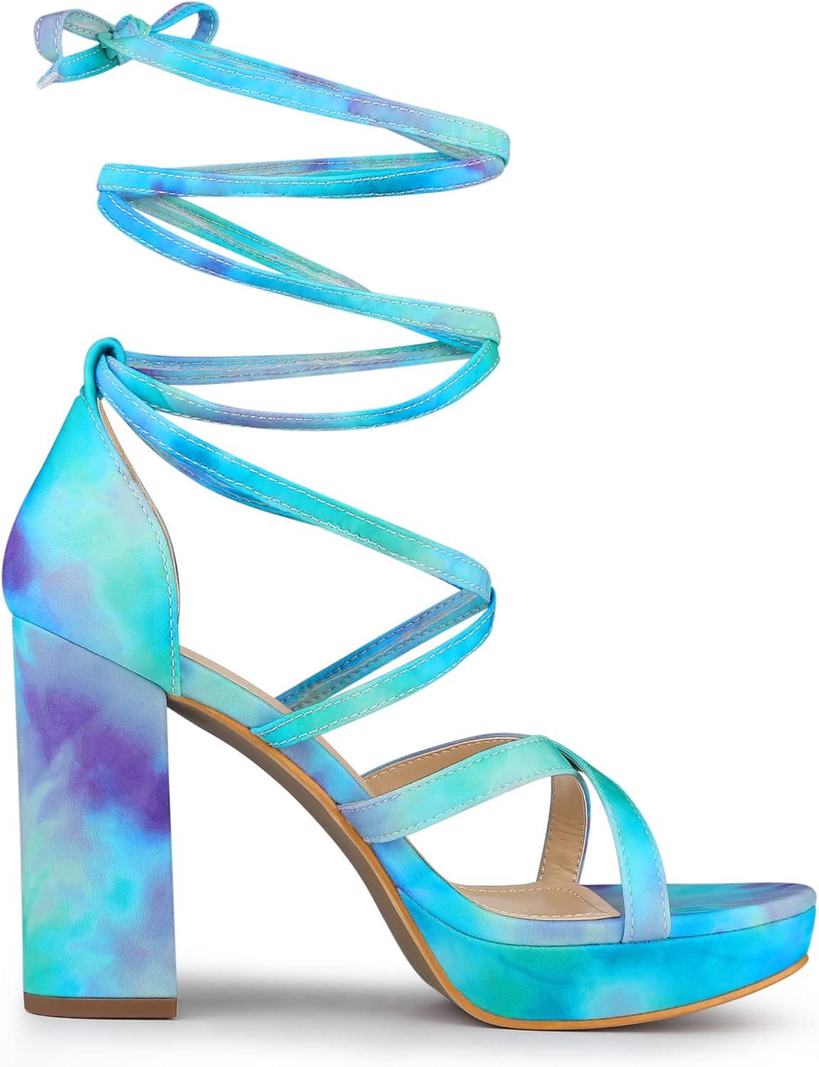 imageAllegra K Womens Tie Dye Platform Chunky Heel Lace Up SandalsCyan
