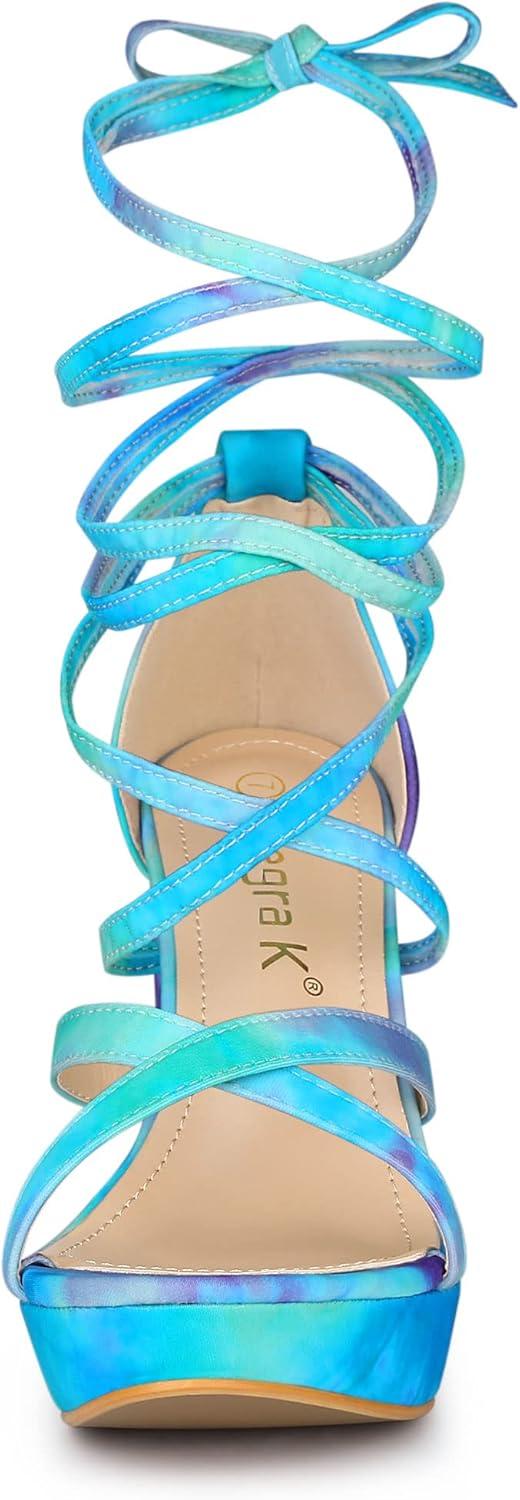 imageAllegra K Womens Tie Dye Platform Chunky Heel Lace Up SandalsCyan