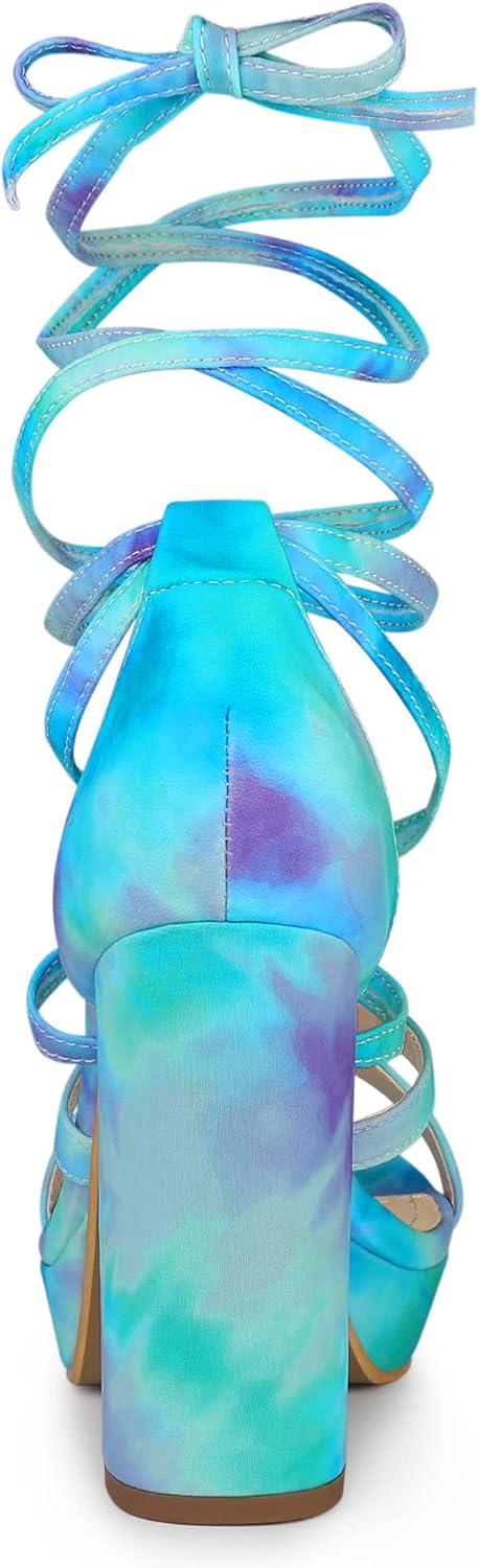 imageAllegra K Womens Tie Dye Platform Chunky Heel Lace Up SandalsCyan