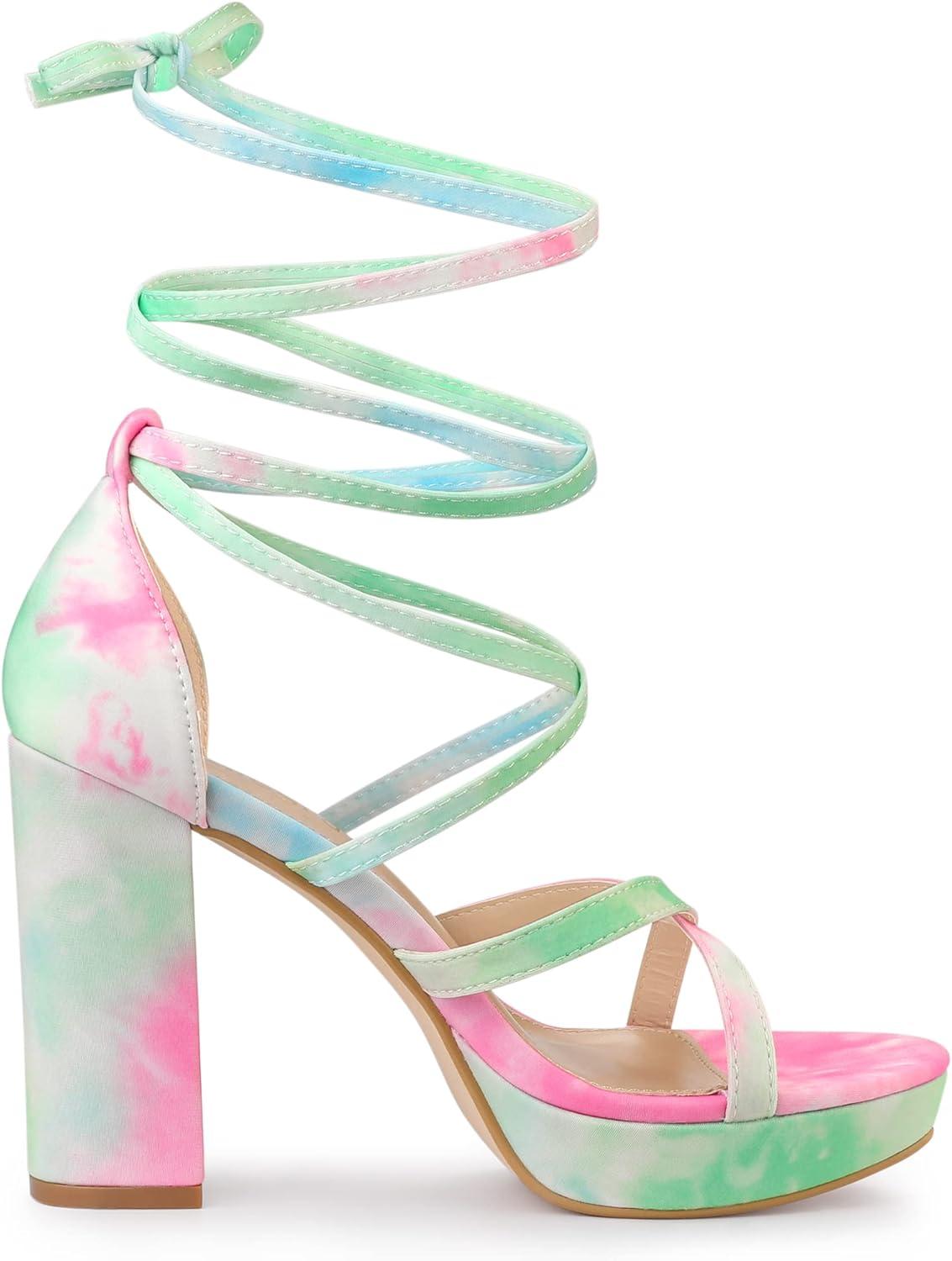imageAllegra K Womens Tie Dye Platform Chunky Heel Lace Up SandalsGreen