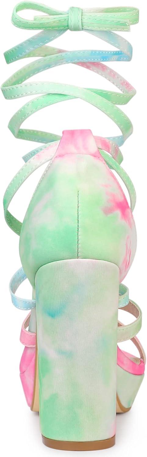 imageAllegra K Womens Tie Dye Platform Chunky Heel Lace Up SandalsGreen