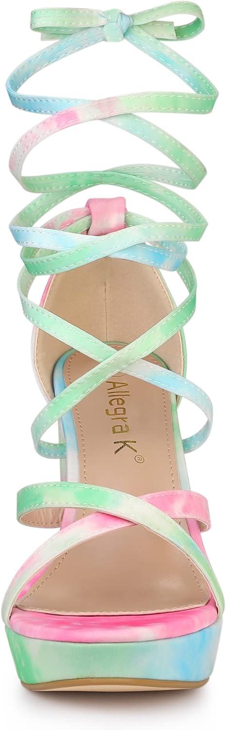 imageAllegra K Womens Tie Dye Platform Chunky Heel Lace Up SandalsGreen