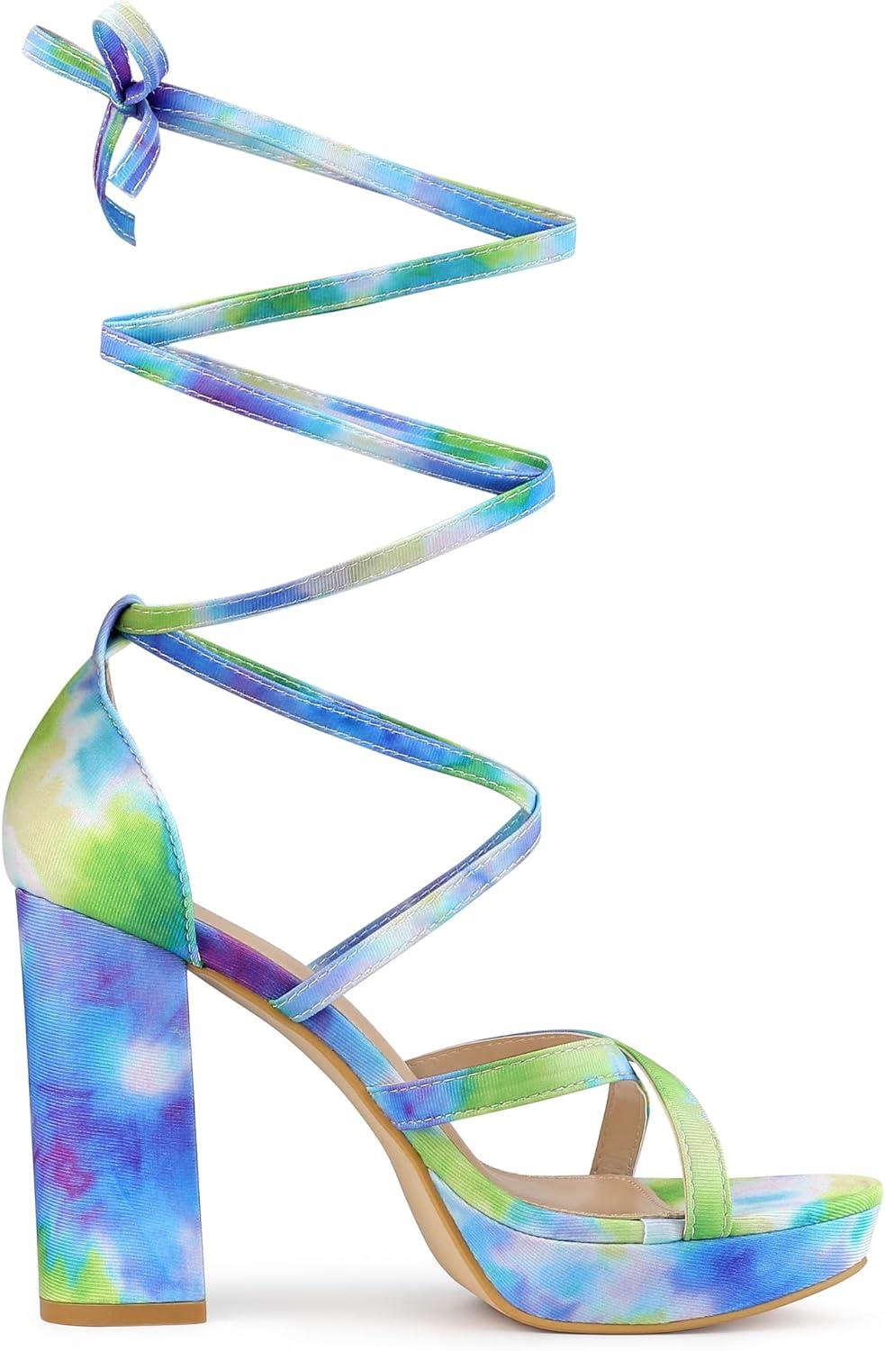 imageAllegra K Womens Tie Dye Platform Chunky Heel Lace Up SandalsGreen Blue