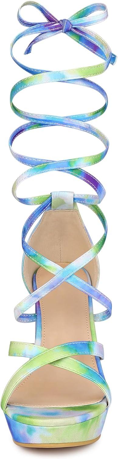 imageAllegra K Womens Tie Dye Platform Chunky Heel Lace Up SandalsGreen Blue