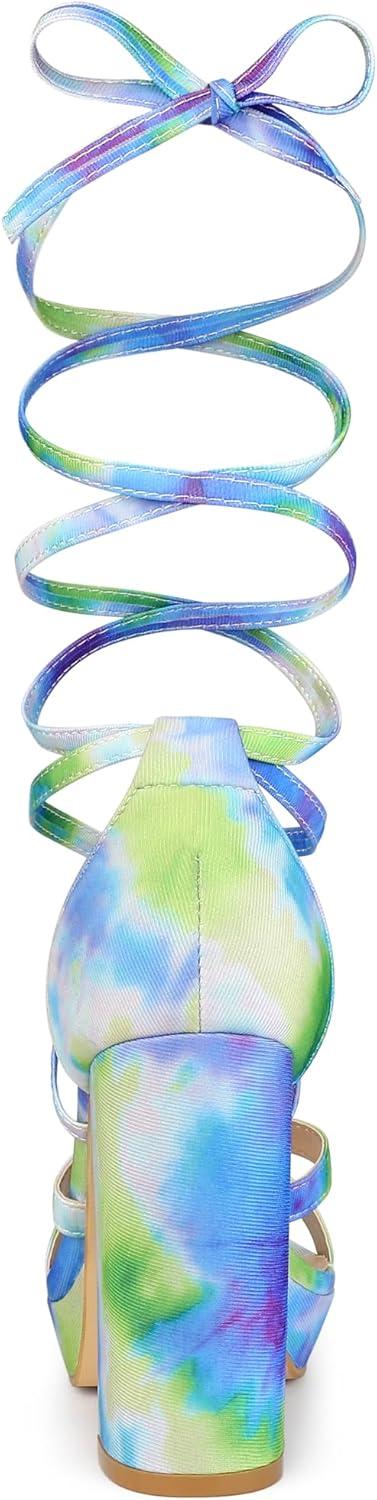 imageAllegra K Womens Tie Dye Platform Chunky Heel Lace Up SandalsGreen Blue