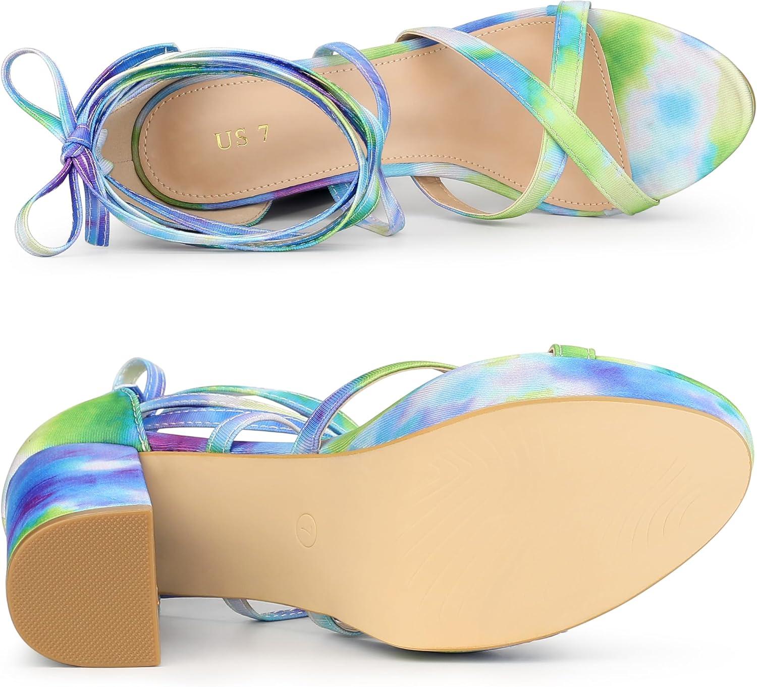 imageAllegra K Womens Tie Dye Platform Chunky Heel Lace Up SandalsGreen Blue