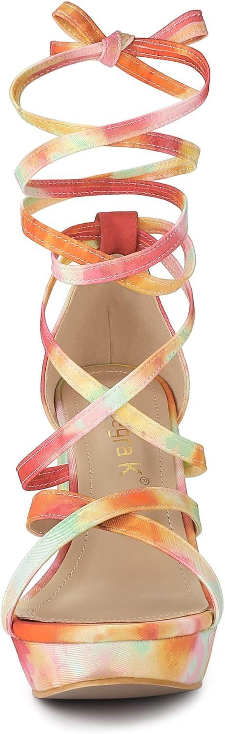 imageAllegra K Womens Tie Dye Platform Chunky Heel Lace Up SandalsOrange