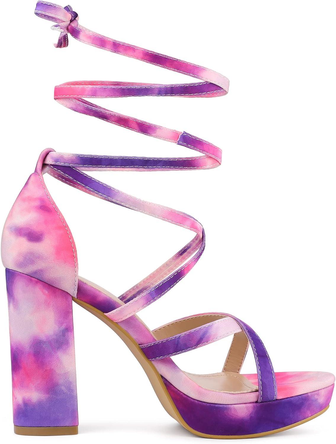 imageAllegra K Womens Tie Dye Platform Chunky Heel Lace Up SandalsPurple