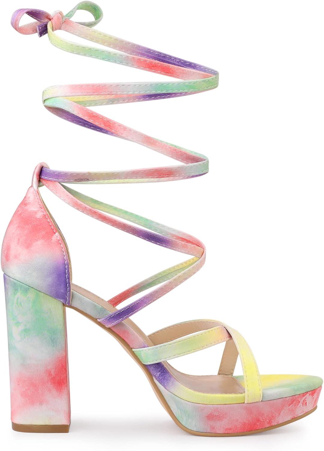 imageAllegra K Womens Tie Dye Platform Chunky Heel Lace Up SandalsYellow