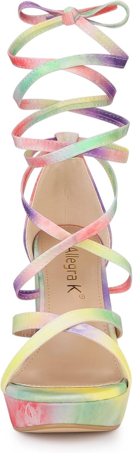 imageAllegra K Womens Tie Dye Platform Chunky Heel Lace Up SandalsYellow