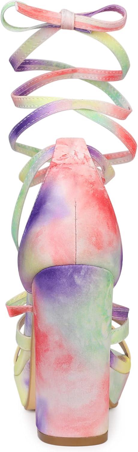imageAllegra K Womens Tie Dye Platform Chunky Heel Lace Up SandalsYellow