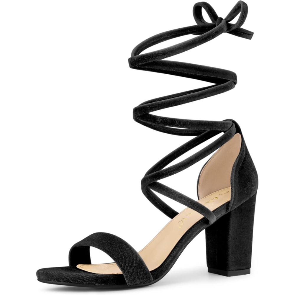 imageAllegra K Womens Faux Velvet Lace Up Chunky Heel Strappy SandalsBlack