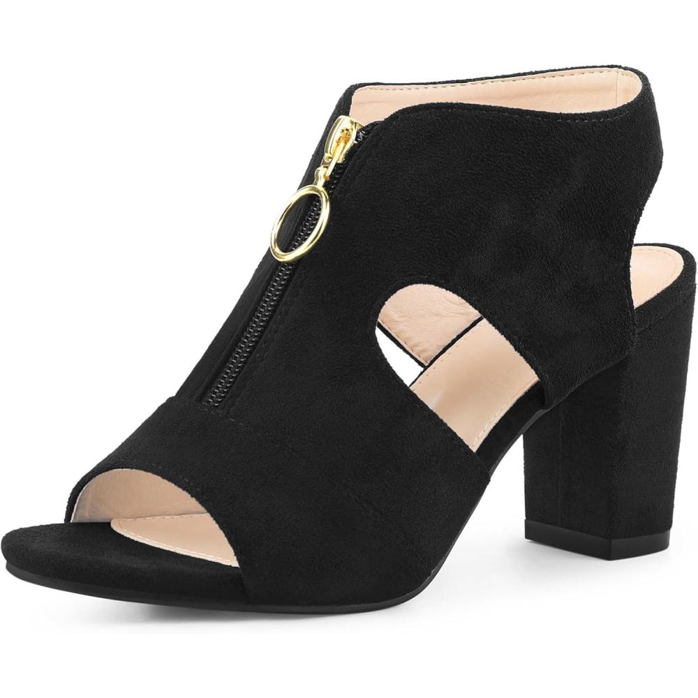 imageAllegra K Womens Front Zip Cut Out Chunky Heels Slingback Gladiator Heel SandalsBlack