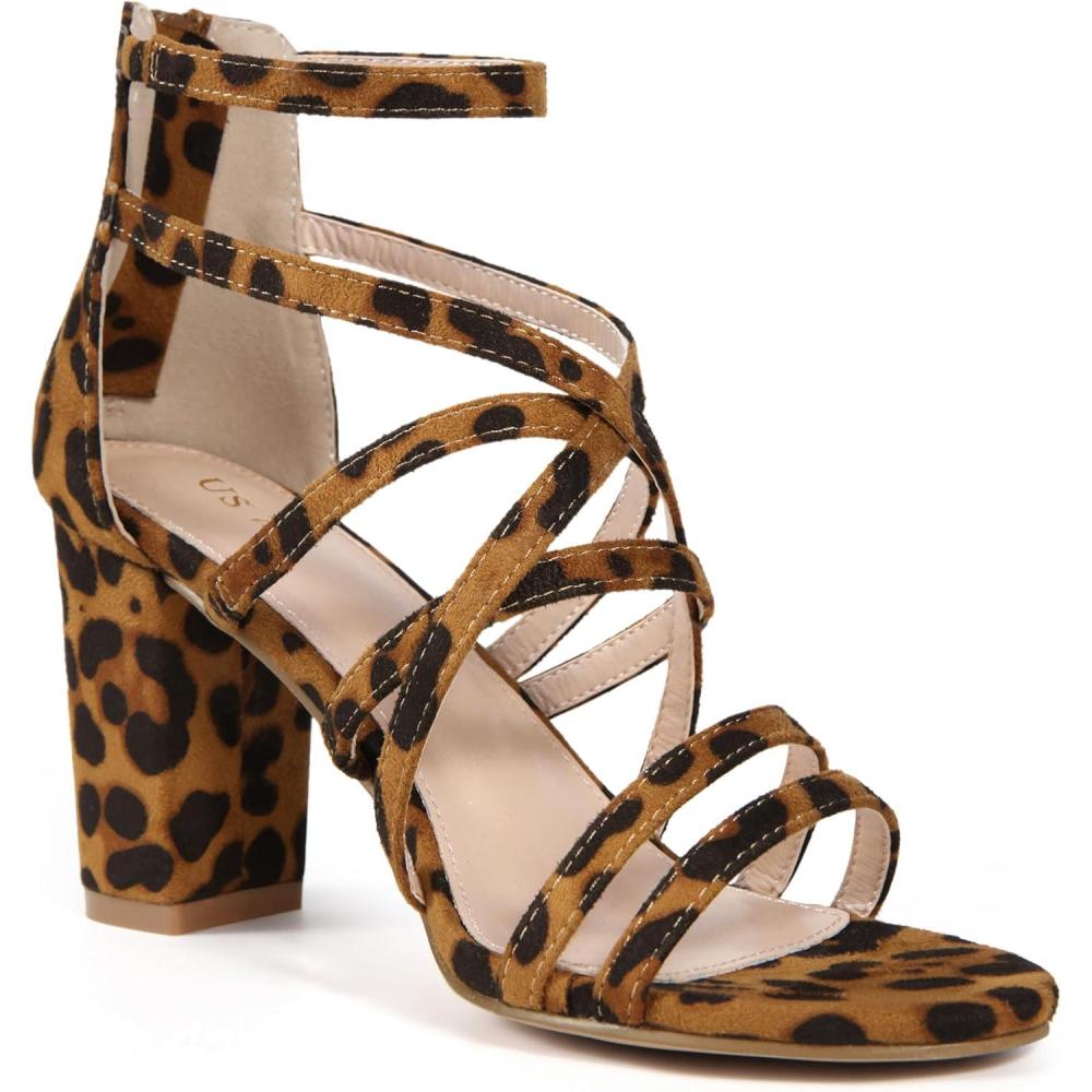 imageAllegra K Womens Gladiator Heels Strappy Back Zip Chunky Heel SandalsLeopard