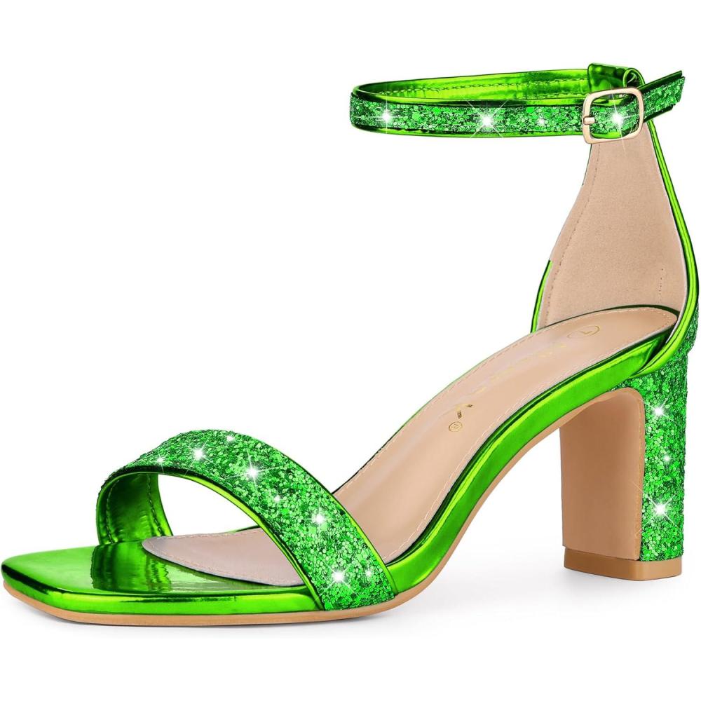 imageAllegra K Womens Glitter Ankle Strap Chunky Heeled SandalsBright Green