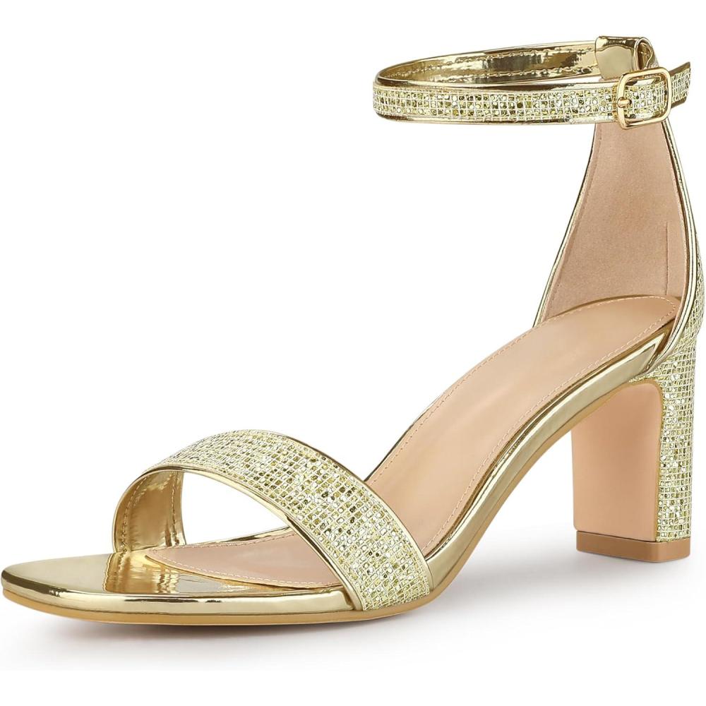 imageAllegra K Womens Glitter Ankle Strap Chunky Heeled SandalsGold