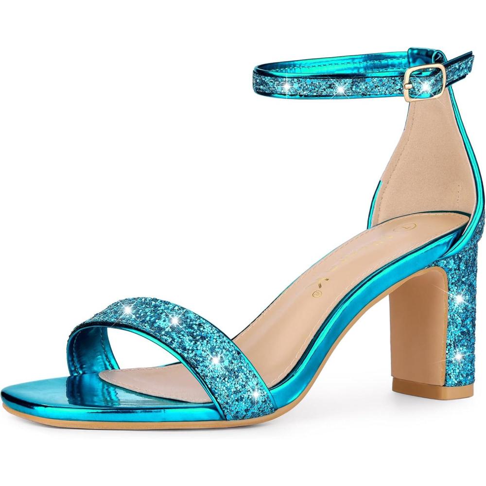 imageAllegra K Womens Glitter Ankle Strap Chunky Heeled SandalsLake Blue