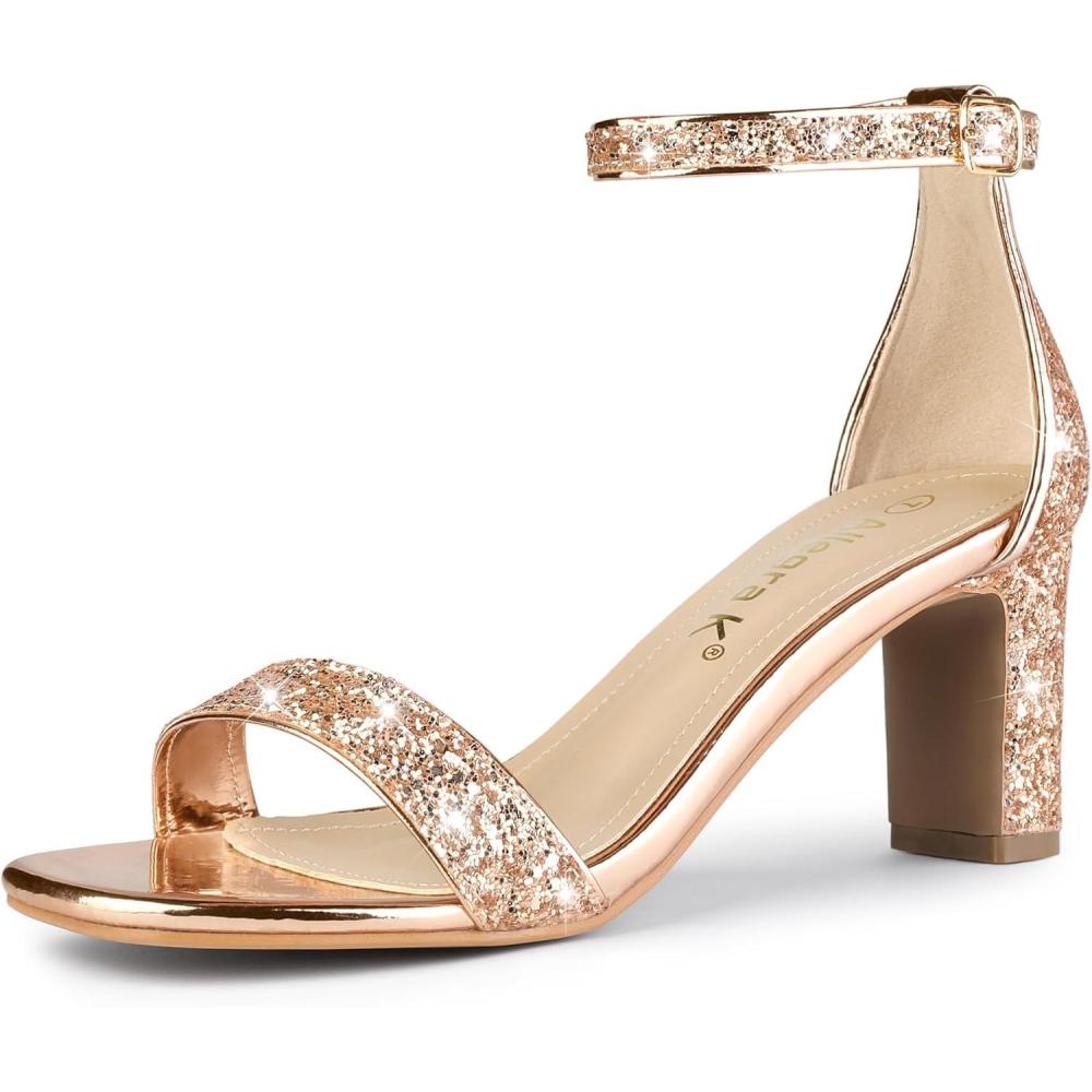 imageAllegra K Womens Glitter Ankle Strap Chunky Heeled SandalsRose Gold